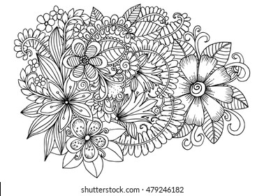 Floral doodle pattern in black and white for coloring. Handdrawn flower carpet in fantasy garden
