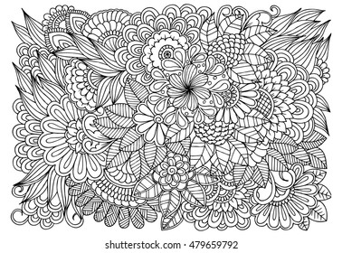 Floral doodle pattern in black and white for coloring. Handdrawn flower carpet in fantasy garden