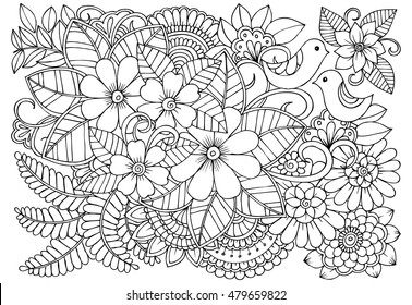 Diseño de doodle floral en blanco y negro para colorear. Moqueta de flores dibujada a mano en un jardín fantástico