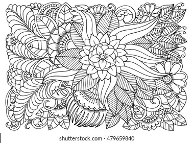 Floral doodle pattern in black and white for coloring. Handdrawn flower carpet in fantasy garden
