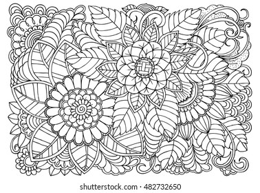 Floral doodle pattern in black and white for coloring. Handdrawn flower carpet in fantasy garden