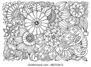 Floral doodle pattern in black and white for coloring. Handdrawn flower carpet in fantasy garden