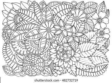 Floral doodle pattern in black and white for coloring. Handdrawn flower carpet in fantasy garden