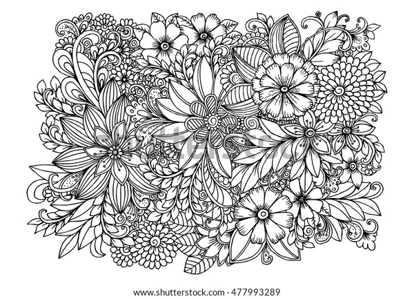 白黒の花柄の落書き Zentangle図面魔法の庭の花のカーペット のベクター画像素材 ロイヤリティフリー