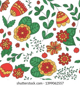 Floral doodle pattern with flowers and leaves. Vector sketch illustration