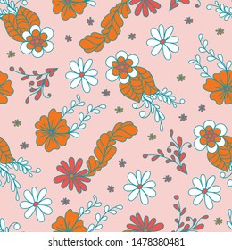 Floral doodle pattern with flowers and leaves. Vector sketch illustration