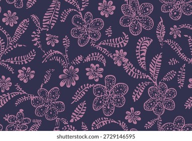 Padrão de rabiscar floral com flores e folhas. Ilustração de esboço vetorial, desenhado à mão, estilo boêmio étnico.
