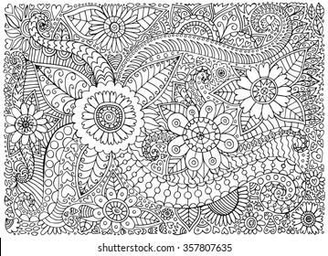 Blütendoodle Muster mit Blumen und Blättern. Vektorskizze, handgezeichneter Stil.