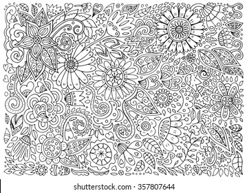 Floral doodle pattern with flowers and leaves. Vector sketch illustration, hand drawn style.