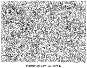 Floral doodle pattern with flowers and leaves. Vector sketch illustration, hand drawn style.