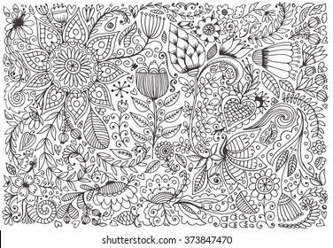 Floral doodle pattern with flowers and leaves. Vector sketch illustration, hand drawn style.