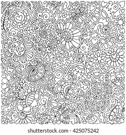 Floral doodle pattern with flowers and leaves. Vector sketch illustration, hand drawn style.