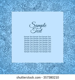 floral doodle pattern frame blue for inscriptions, photo. Cards, labels, packaging