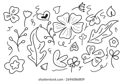 Patrón de doodle floral con hojas y corazones.