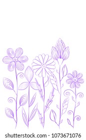 Floral doodle pattern with simple flat abstract design of flowers placed in the lower part of the sheet. Vector illustration. Good for print on paper, textile for decor