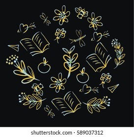 Floral doodle pattern yellow and blue on a black background