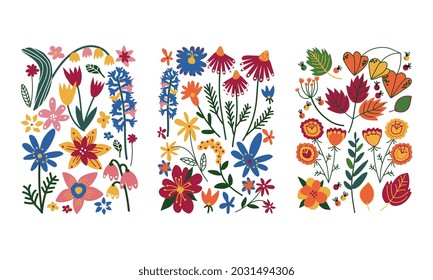 Floral Doodle Rectangular Shape with Colorful Flowers Vector Set