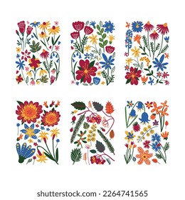 Forma rectangular de Doodle Floral con conjunto vectorial de Flores Coloridas