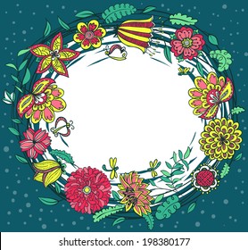 Floral doodle round wreath frame