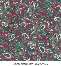 floral doodle seamless background green and vinous colors