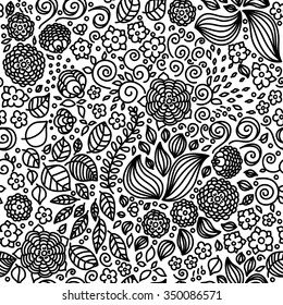 Floral doodle seamless pattern. Coloring pages for adults. Black and white colors. Wallpaper surface background with flowers and leafs. Vintage vector object. Seamless texture.