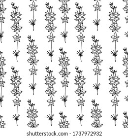 Dibujo de patrón sin fisuras con doodle floral.  Fondo interminable de flor de campo de primavera. Larkspur contorno material ilustración vectorial para raspado, invitaciones, papel envolvente, decoración, etc.