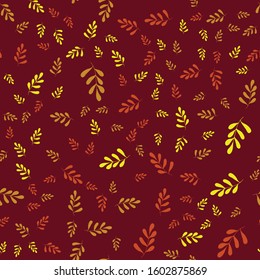 Floral doodle seamless pattern with  leaves. Vector red orange and yellow leaves on dark red background. Design for greeting cards, scrapbooking, textile, wrapping paper, wallpaper, invitations