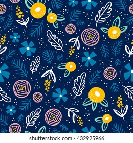 Floral doodle seamless pattern on blue background