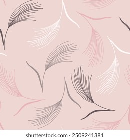 Floral doodle seamless pattern in pastel natural shades with feather grass branches