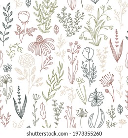 Floral doodle seamless pattern. Vector hand-drawn illustration of flowers and herbs. Thin line sketch