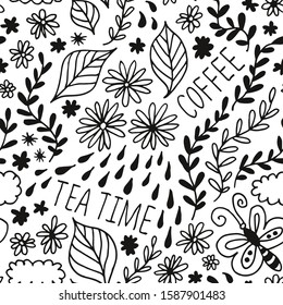 Floral doodle seamless vector pattern, tea time  flowers background isolated on white color
