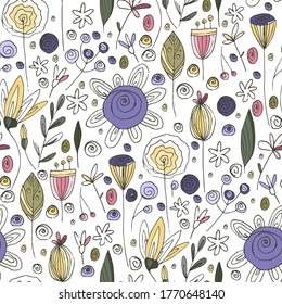 Blumendoodle nahtloses Vektormuster. Blume Sommer handgezeichnet Hintergrund mit trendiger Natur abstrakte Skizze Illustration mit realer Textur.