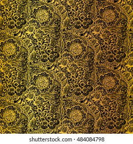 Floral doodle seamless wallpaper pattern. Illustration with paisley ornaments. Textile with hand-drawn flowers. Gold color.