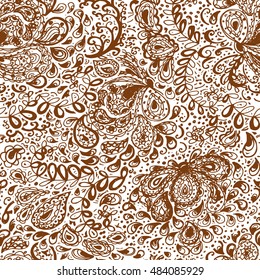 Floral doodle seamless wallpaper pattern. Illustration with paisley ornaments. Textile with hand-drawn flowers.