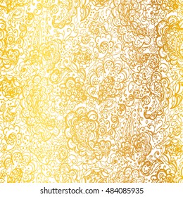 Floral doodle seamless wallpaper pattern. Illustration with paisley ornaments. Textile with hand-drawn flowers. Gold color.