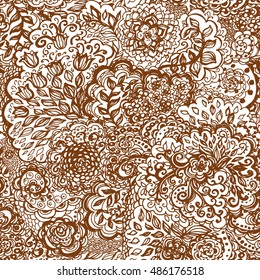 Floral doodle seamless wallpaper pattern. Illustration with paisley ornaments. Textile with hand-drawn flowers.