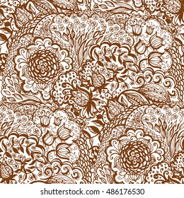 Floral doodle seamless wallpaper pattern. Illustration with paisley ornaments. Textile with hand-drawn flowers.
