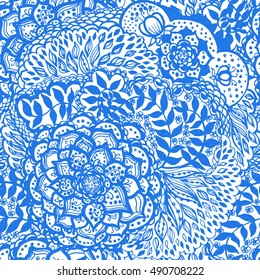 Floral doodle seamless wallpaper pattern. Illustration with paisley ornaments. Textile with hand-drawn flowers.