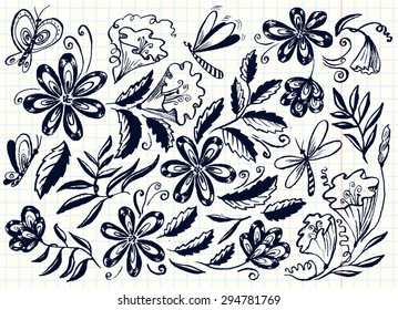 Floral doodle set with butterfly and dragonfly