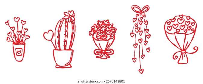 Floral Doodle Set. Cactus, Bouquets and more. Red contour isolated, white background. Love themed illustrations for Valentine, anniversaries, weddings, stickers, web, blogs, greeting cards