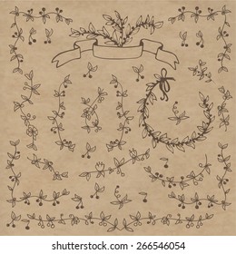 Floral doodle set decorations. Elements on a kraft background. Consists of twigs, leaves, flowers, berries, cherries.