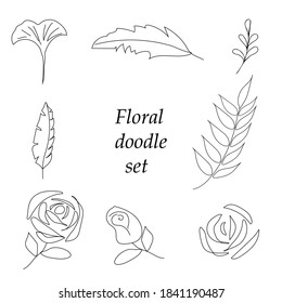 Floral doodle set with leaves, rose flower, feathers. Black lines vector design.