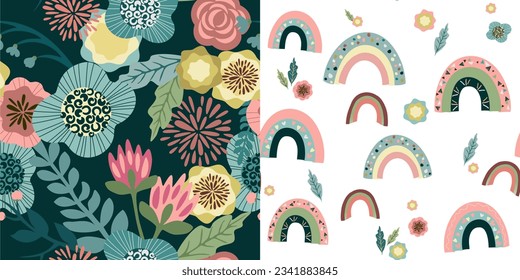 Floral doodle set with rainbow. Trendy seamless vector modern design for paper, fabric, decor, interior, cover and tableware