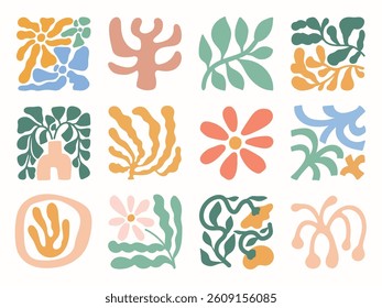 Floral doodle shapes in retro hippie 60s 70s style vector collection. Flower hand drawn organic shapes design for seamless pattern, prints and wallpaper.