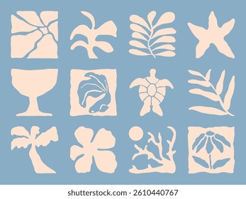 Floral doodle shapes in retro hippie 60s 70s style vector collection. Flower and Plant in native style hand drawn organic shapes design for seamless pattern, prints and wallpaper.