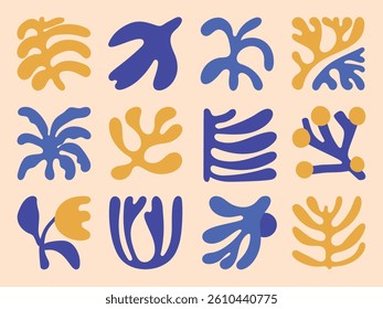 Floral doodle shapes in retro hippie 60s 70s style vector collection. Flower and Plant in native style hand drawn organic shapes design for seamless pattern, prints and wallpaper.