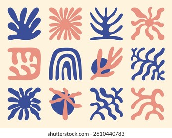 Floral doodle shapes in retro hippie 60s 70s style vector collection. Flower and Plant in native style hand drawn organic shapes design for seamless pattern, prints and wallpaper.