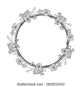 Floral doodle style circle frame. Great template for logo design, card print, coloring book