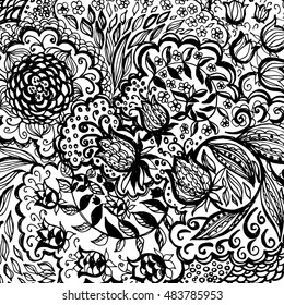 Floral doodle tattoo background. Illustration with paisley ornaments. Hand-drawn flowers. Universal backdrop for everything.