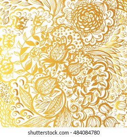 Floral doodle tattoo background. Illustration with paisley ornaments. Hand-drawn flowers. Universal backdrop for everything. Gold color.